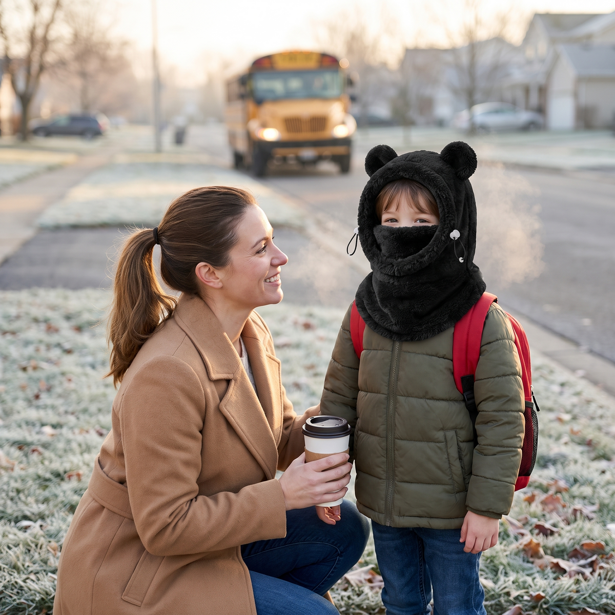 Boy with the mask up at the school bus stop