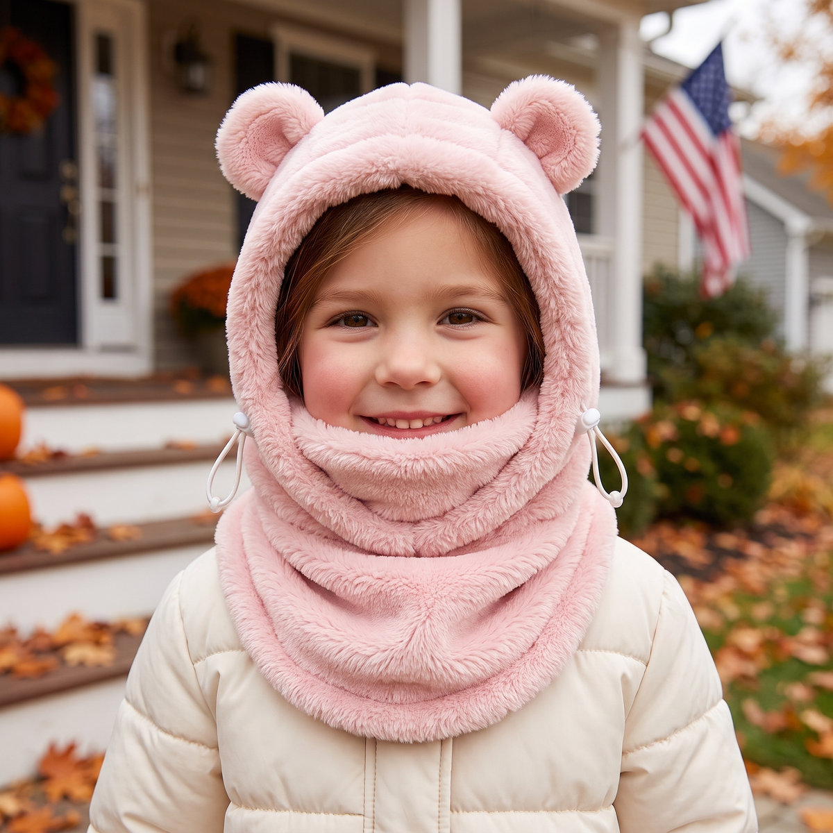 Girl wearing the pink Wintercub bear hood on an autumn porch