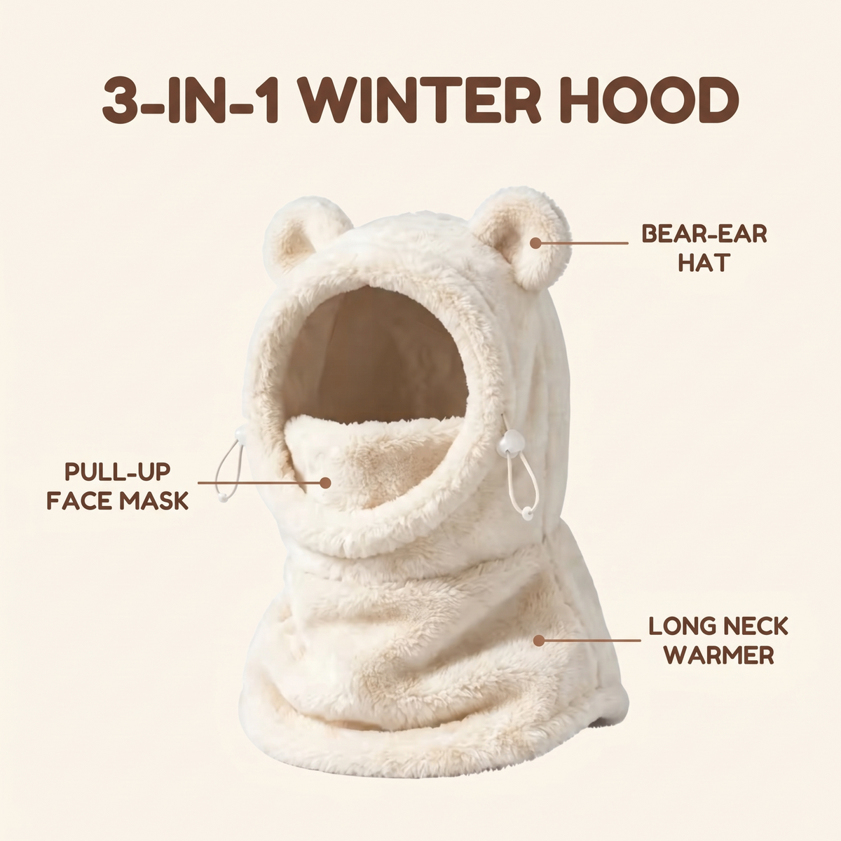 3-in-1: bear-ear hat, pull-up face mask, long neck warmer