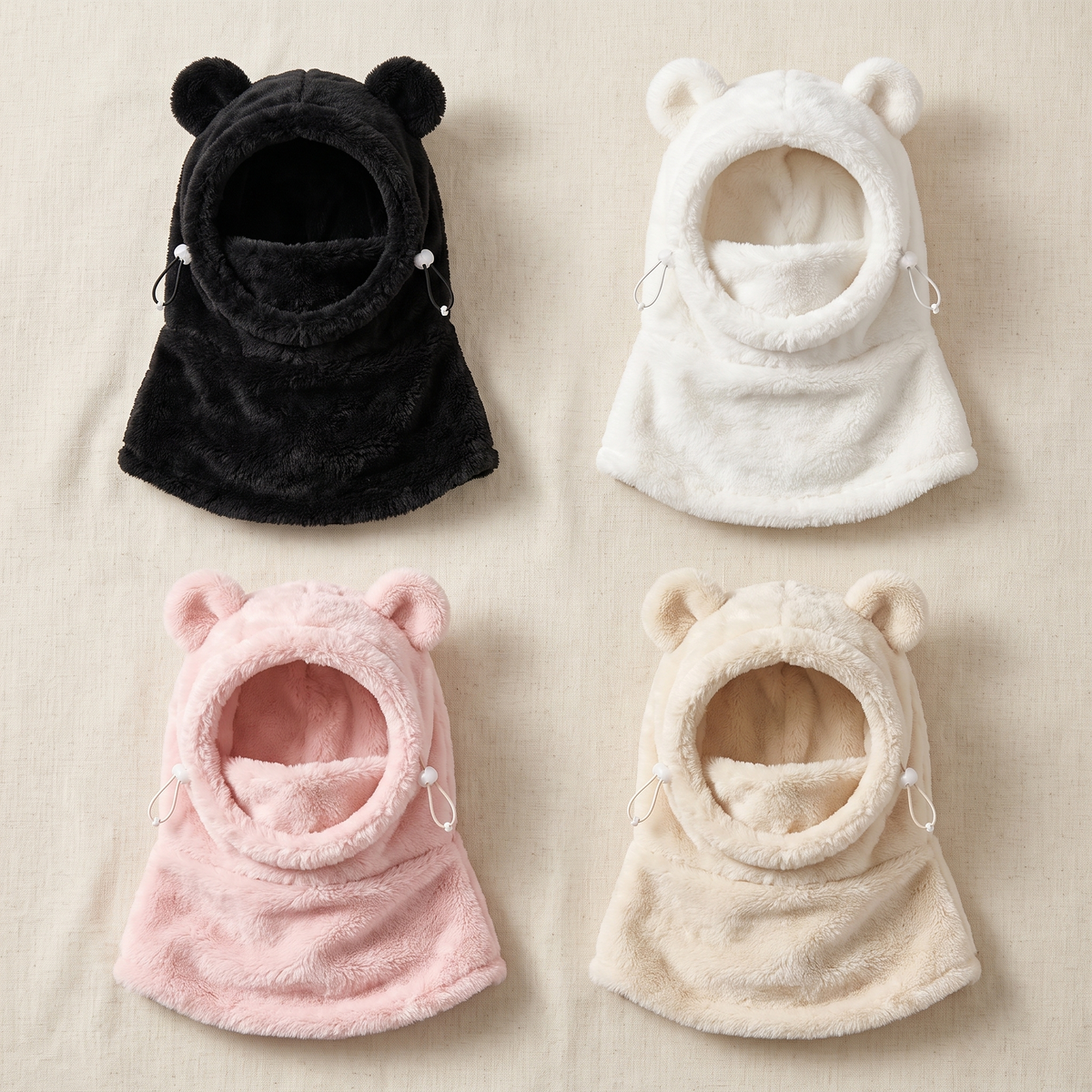 Wintercub bear hood in black, white, pink and cream