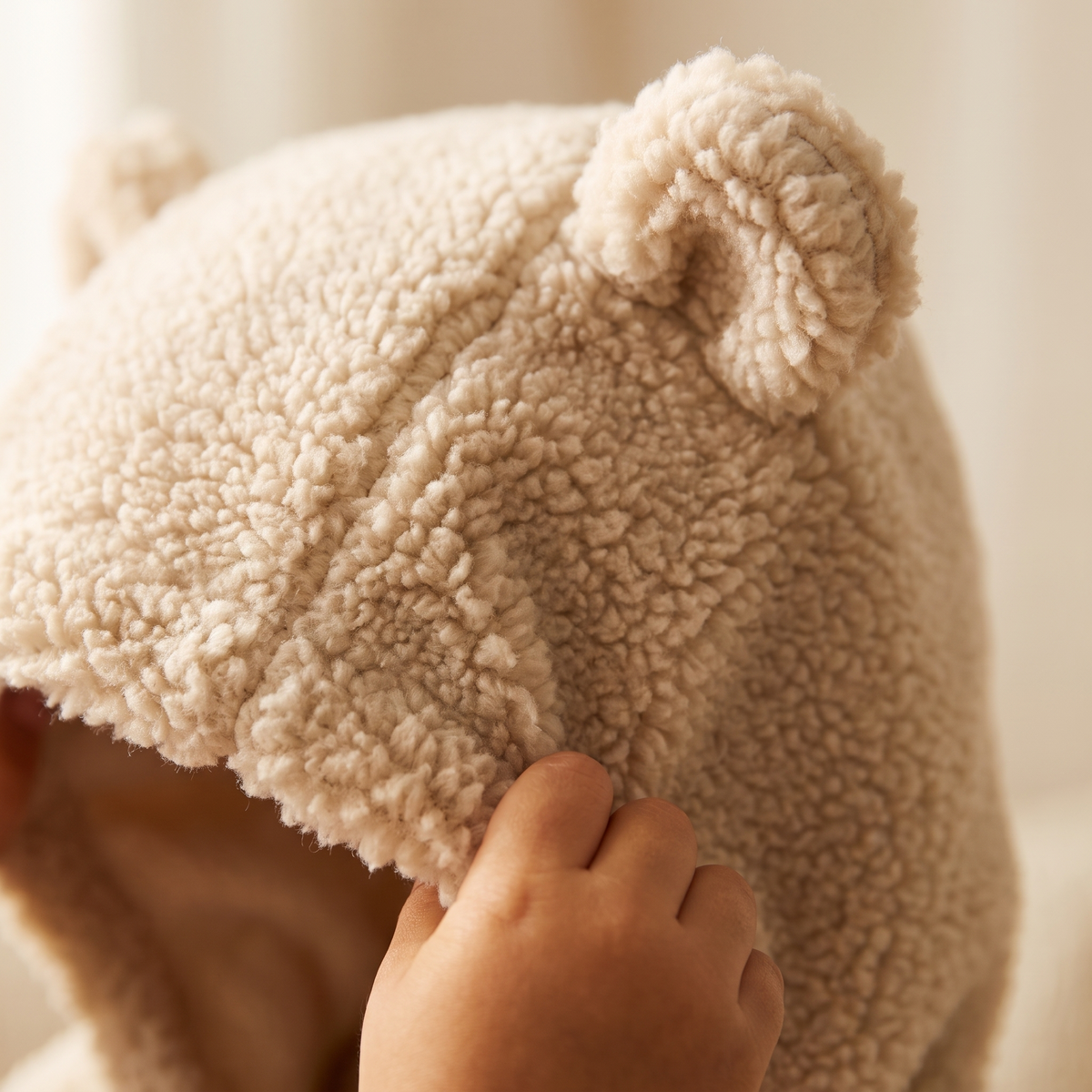 Close-up of the plush sherpa and bear ear