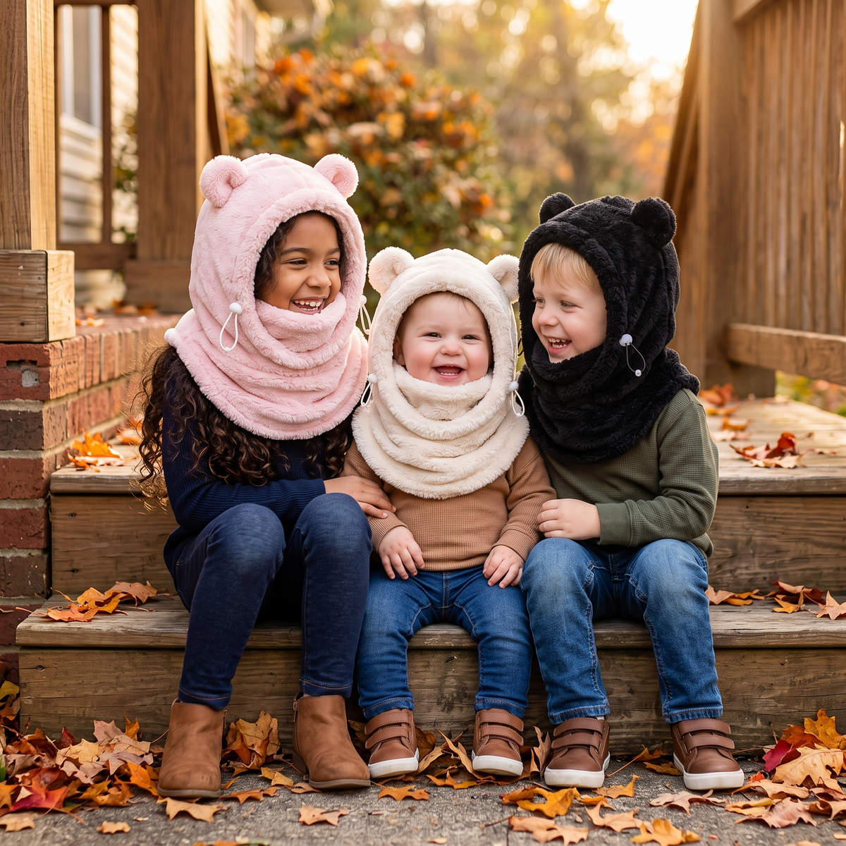 Three siblings in Wintercub bear hoods